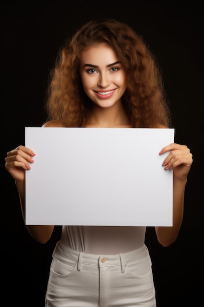 Leuke jonge vrouw met een blanco papier bord met framefotografie op donkergroene achtergrond