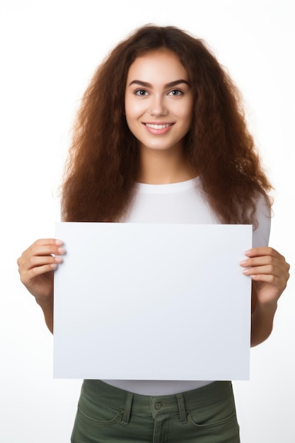 Leuke jonge vrouw met een blanco papier bord met framefotografie op donkergroene achtergrond