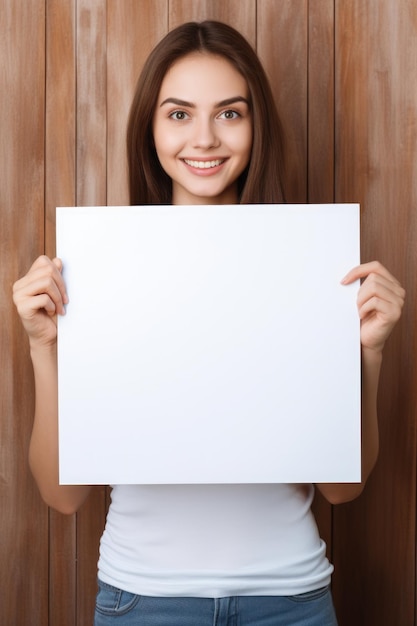 Leuke jonge vrouw met een blanco papier bord met framefotografie op donkergroene achtergrond