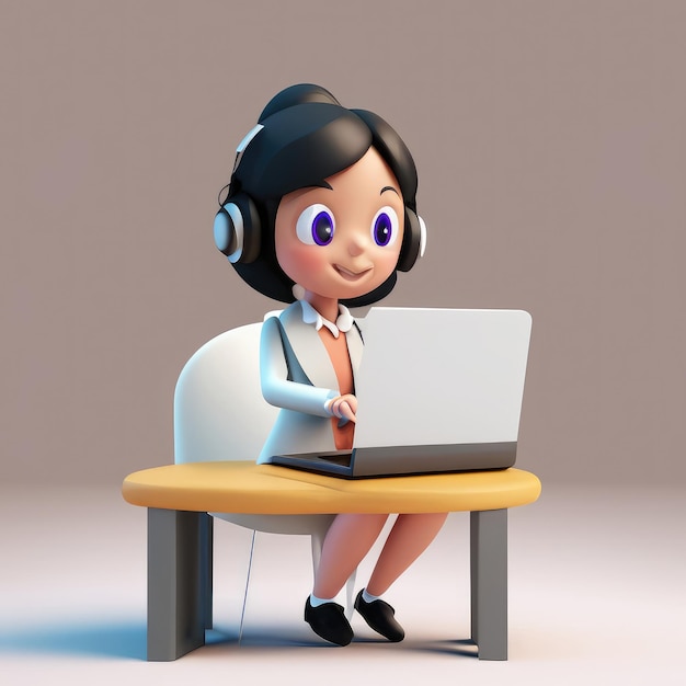 Leuke jonge zakenvrouw die met een laptop werkt 3D illustratie cartoon personage