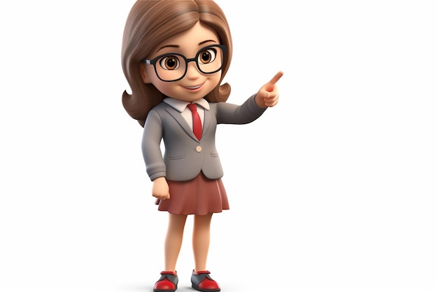 Leuke jonge zakenvrouw die staat en met haar vingers naar boven wijst met een geweldig idee 3D illustratie cartoon