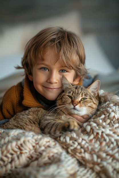 Leuke jongen die een grote kat omarmt op het bed.