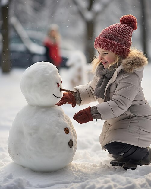 Leuke jongen die een sneeuwpop bouwt Generatieve AI