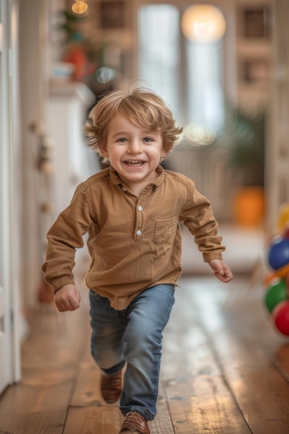 Leuke jongen die loopt en speelt langs de gang van een gezellig huis achter de speelgoedbal Kindertijdconcept