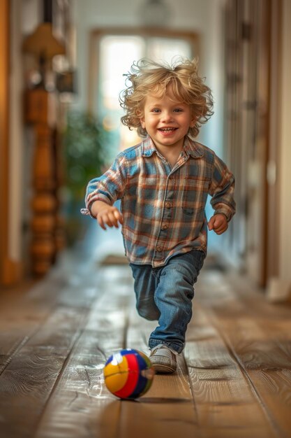 Leuke jongen die loopt en speelt langs de gang van een gezellig huis achter de speelgoedbal Kindertijdconcept