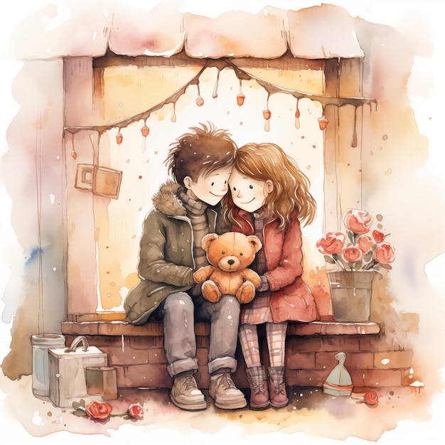 Leuke jongen en meisje verliefd Valentijnsdag romantische aquarel illustratie