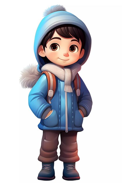 Leuke jongen gekleed in winterkleding gelukkige cartoon personage