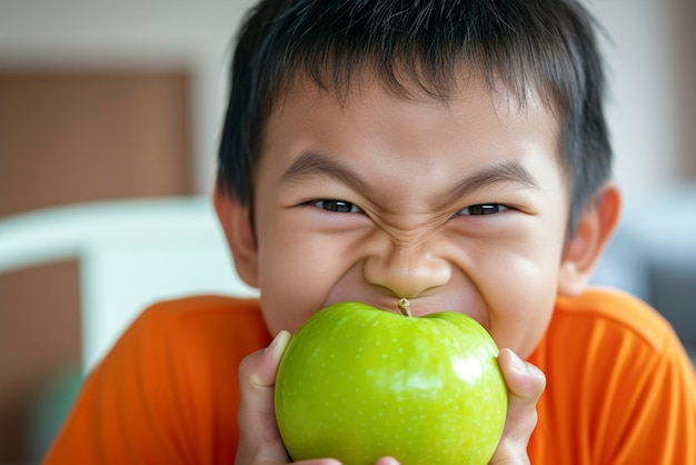 Leuke jongen in een oranje T-shirt die thuis een appel eet.