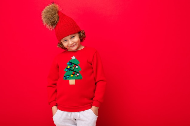 Leuke jongen met een kersttrui en een hoed