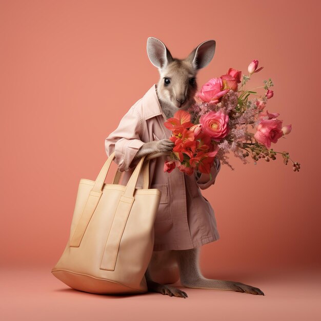 Leuke kangoeroe met een boeket bloemen en een tas op een lichtroze achtergrond