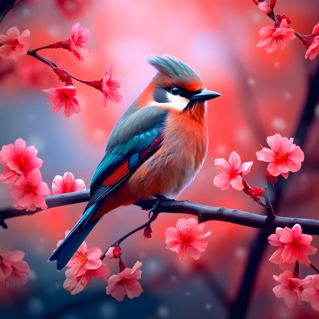 Leuke kardinaal vogel met bloemen achtergrond ai gegenereerd