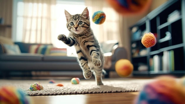 Leuke kat die breibal speelt in de woonkamer Generatieve AI