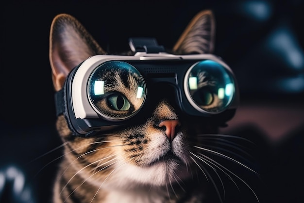 Leuke kat die een virtuele realiteitsbril draagt close-up portret Een schattige kat die een virtual reality bril draagt wordt vastgelegd in een close-up opname die het technologieconcept AI Generated benadrukt