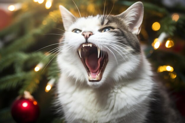 Leuke kat die gaapt voor de kerstboom met lichten.