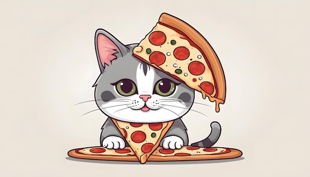 Foto leuke kat die pizza eet cartoon vector icon illustratie ai gegenereerd