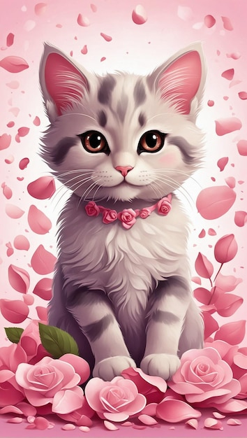 Leuke kat die veel roze rozenblaadjes knuffelt illustratie T-shirt ontwerp