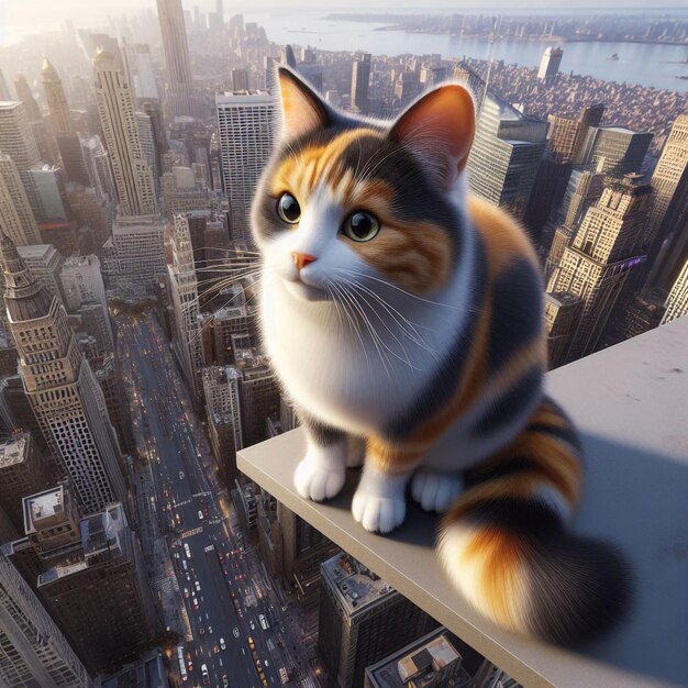Foto leuke kat droom met grote stad in de hoogte