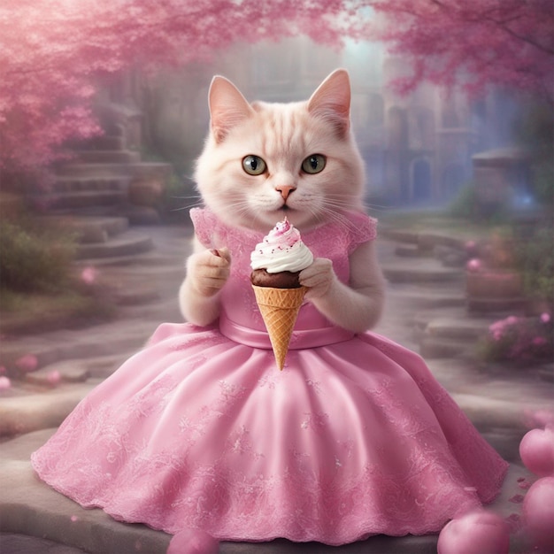 Leuke kat in Barbie-jurk die ijs eet fantasiebeeld ai gegenereerd