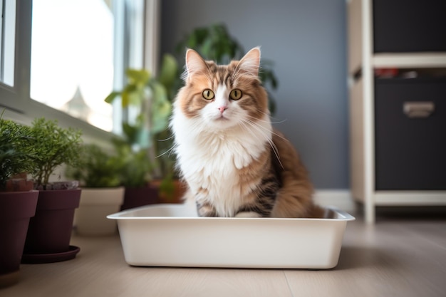 Leuke kat in de buurt van kattenbak in de kamer