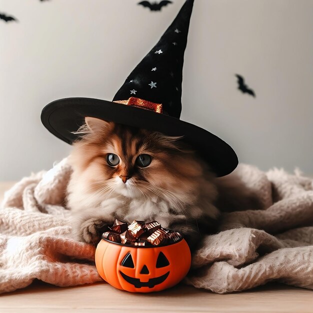 Leuke kat in een heksenhoed met jackolantern-pompoen en snoepjes Halloween-truc of lekkernijen