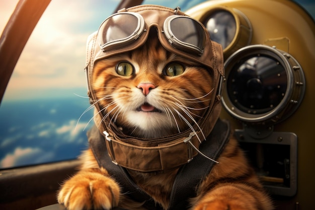 Leuke kat in een pilotenpak bestuurt een vliegtuig