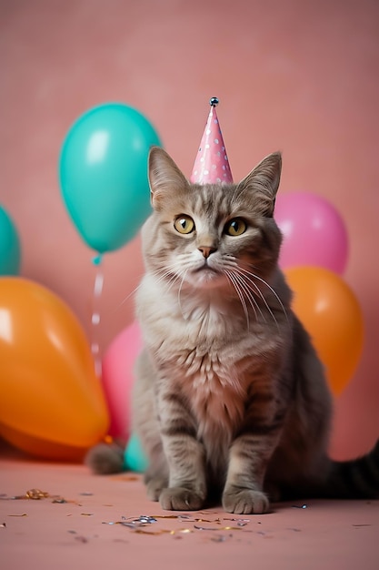 Leuke kat in een verjaardagshoed zit op de achtergrond in de studioruimte voor tekst verjaardagsfeestje beeld