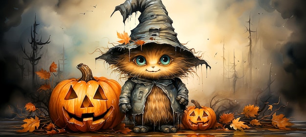 Leuke kat in Halloween kostuum op Halloween nacht