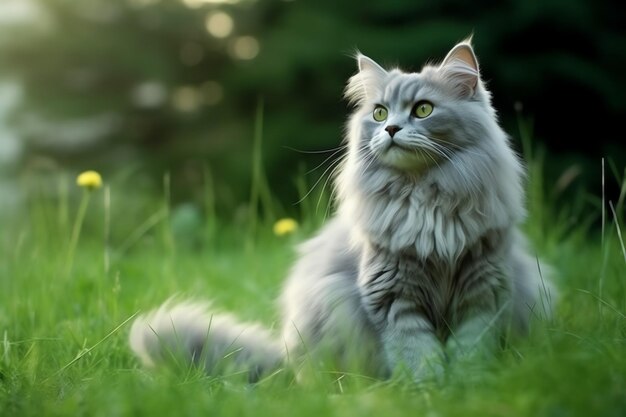 Leuke kat kijkt naar de zijkant en zit in de tuin of het gras Kat in de natuur habitat Kat dag concept