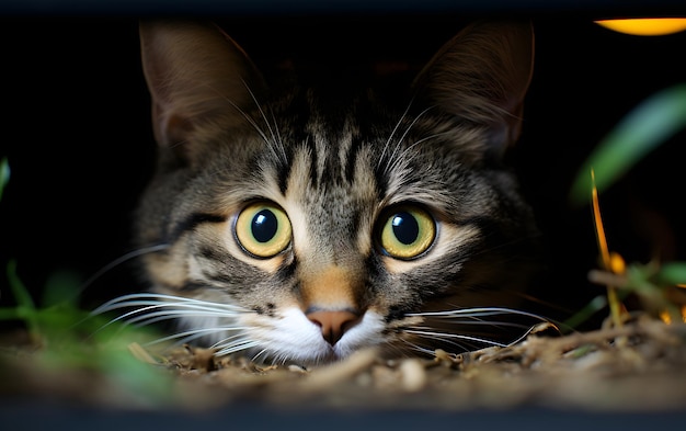 Leuke kat kijkt uit onder de tafel.