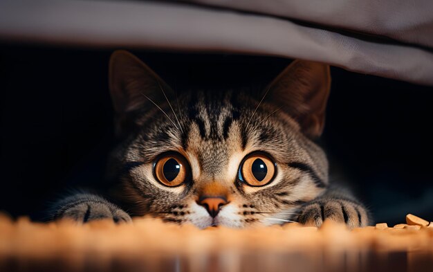 Leuke kat kijkt uit onder de tafel.