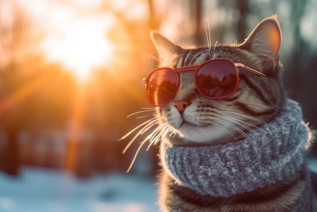 Leuke kat met bril in de sneeuw met prachtige zonsondergang generatieve ai