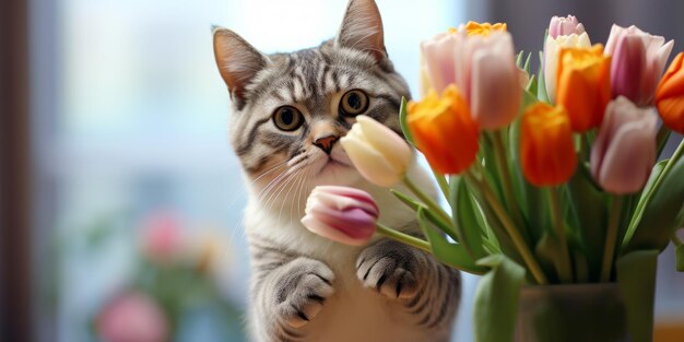 Leuke kat met een boeket lente tulpen in haar poten Mooie vakantie kaart Generatieve AI