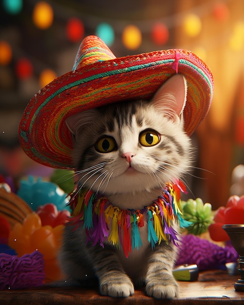 Leuke kat met feestelijk kostuum van Cinco de Mayo