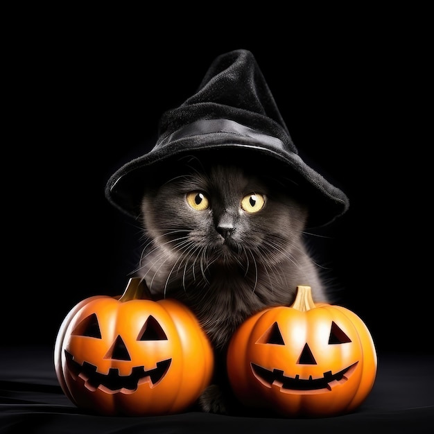 Leuke kat met halloween-pompoenen geïsoleerd op zwarte achtergrond