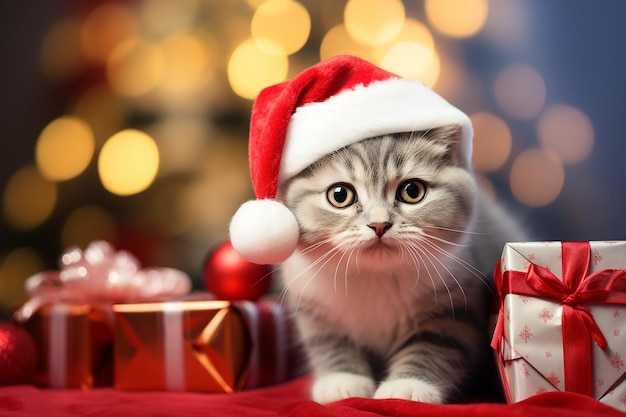 Leuke kat met kerstmuts met kerstcadeaus wallpaper achtergrond