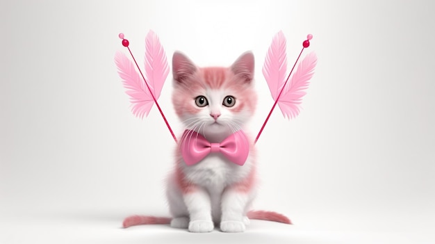 Leuke kat met roze engelvleugel en pijl op witte achtergrond