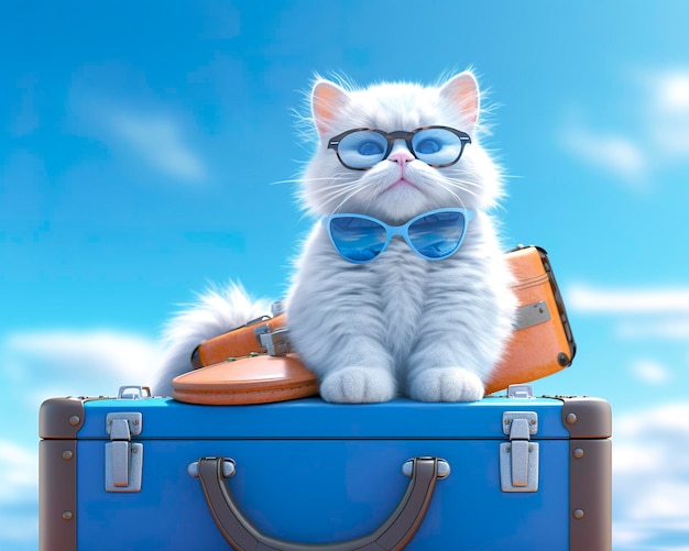Leuke kat op blauwe koffer met zonnebril AI Generative
