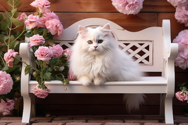 Leuke kat zittend op een witte bank in het park met roze bloemen op heldere dag