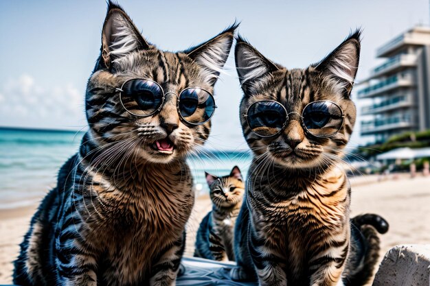 Leuke katten dragen moderne zonnebrillen op het strand.