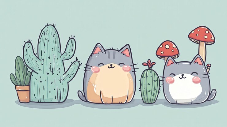 Foto leuke katten met cactussen en paddenstoelen