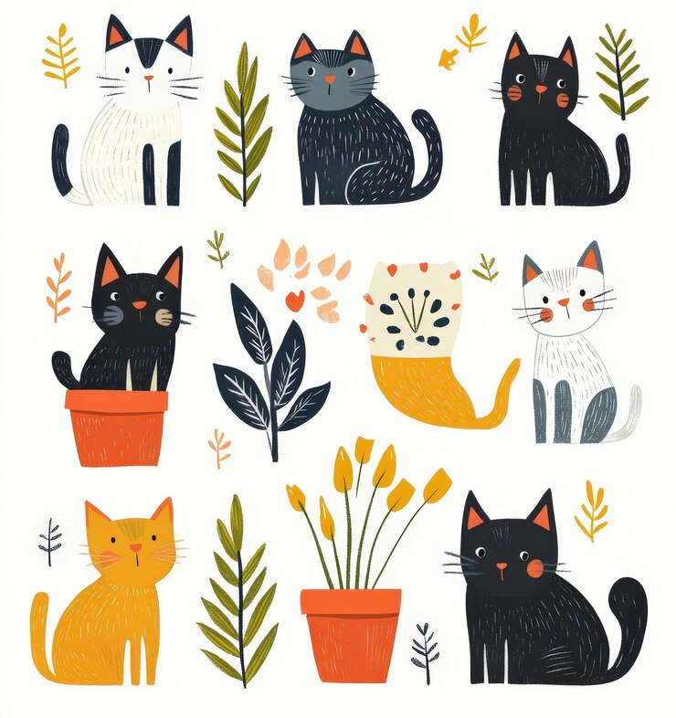 Foto leuke katten met planten illustratie