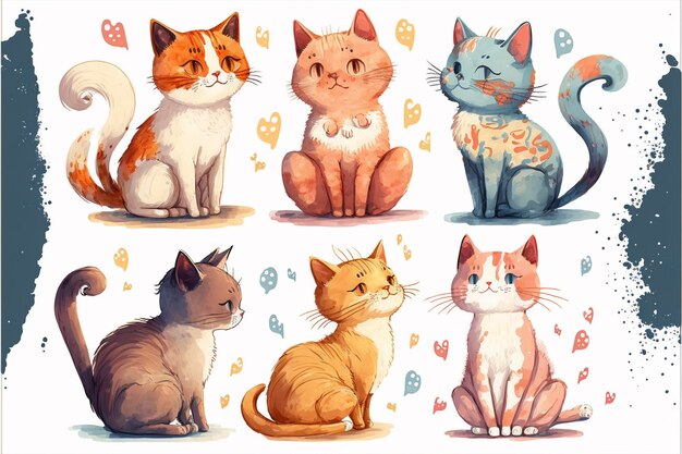 Leuke katten waterverf doodle vector set