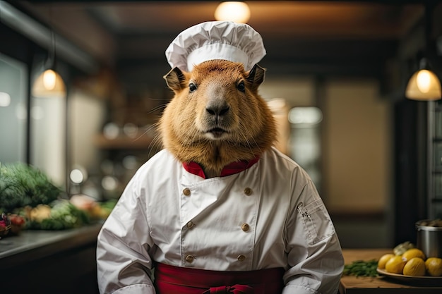 Leuke kawaii capybara chef-kok in een modieus pak modieus mooie keuken grappig personage