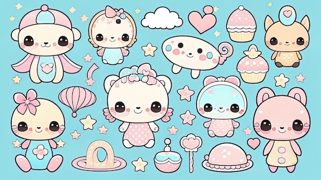 Leuke kawaii chibi karakter patroon sticker gratis download afbeeldingen