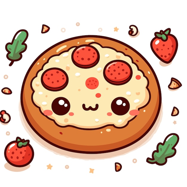 Leuke kawaii pizza personage met pepperoni paddenstoelen en aardbeien Vector illustratie