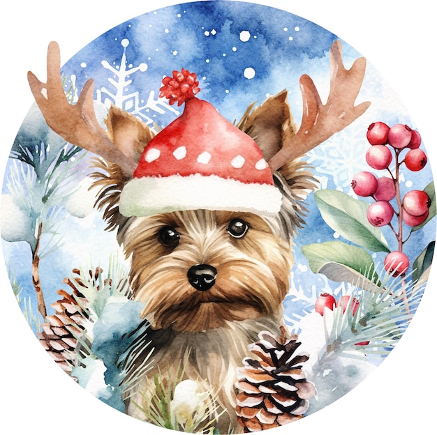 Leuke kerst yorkshire terrier decoratie aquarel geïsoleerd op wit