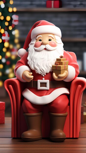 Foto leuke kerstman en cadeau doos 3d rendering stijl vrolijke kerst achtergrond