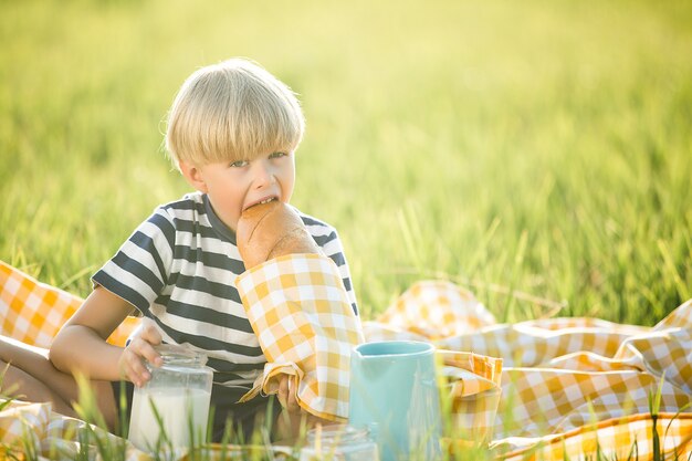 Leuke kindconsumptiemelk in openlucht. Vrolijke jongen op de picknick