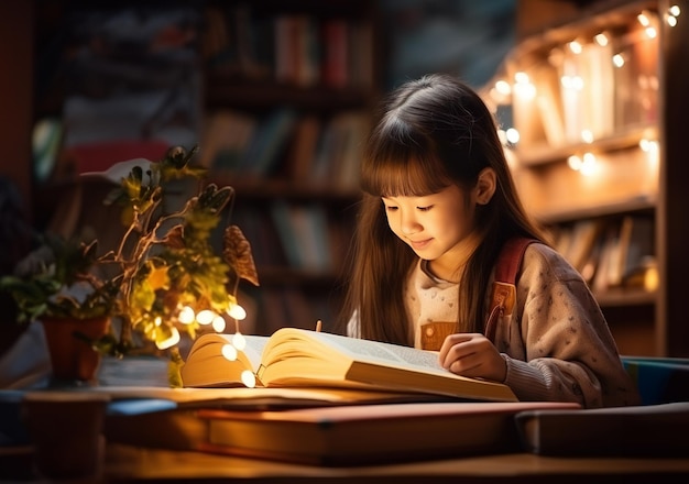 Leuke kinderen baby meisje glimlachen en lezen boek in de woonkamer thuis nachtverlichting Generatieve AI