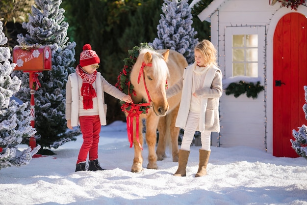 Leuke kinderen en schattige pony met feestelijke krans in de buurt van met sneeuw bedekte bomen.